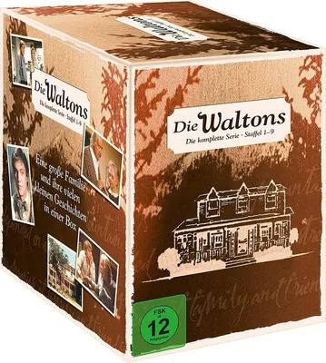 A box set of the complete series of Die Waltons, featuring images of the cast and the Walton house.