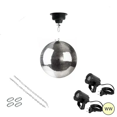 Produktbild von Spiegelkugel Komplettset 30cm mit Motor, 2 x LED Pinspot (warmweiss) und Montagematerial PROFI