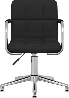 A black fabric office chair with a chrome base and armrests, shown from the front.