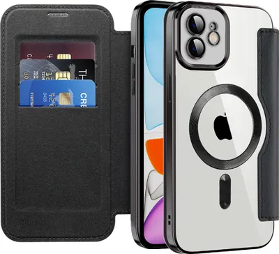 Immagine prodotto di Custodia per iPhone 11 compatibile con MagSafe, custodia trasparente con portacarte, custodia in pelle con protezione per fotocamera nera