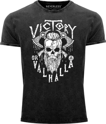Produktbild von Herren Vintage Shirt Victory or Valhalla Skull Totenkopf Wikinger Viking Printshirt T-Shirt Aufdruck Used Look Neverless® schwarz L