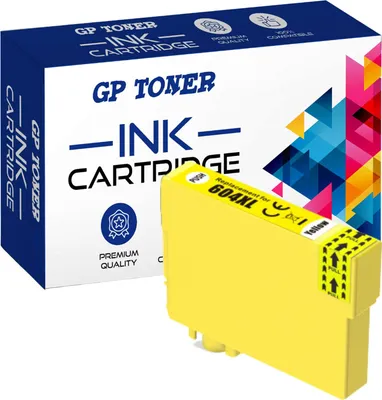 A yellow ink cartridge is placed in front of its packaging box.