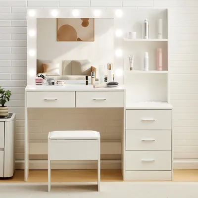 Image de CLIPOP 120x40x140cm Grande coiffeuse, 5 tiroirs Coiffeuse avec miroir, Lumière LED incluse