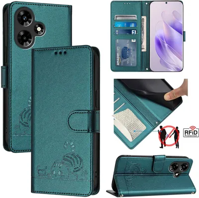 Produktbild von Leder Hülle für Infinix Hot 30 4G Süße Katze Flip Case Brieftasche Schutzhülle mit Standfunktion Grün