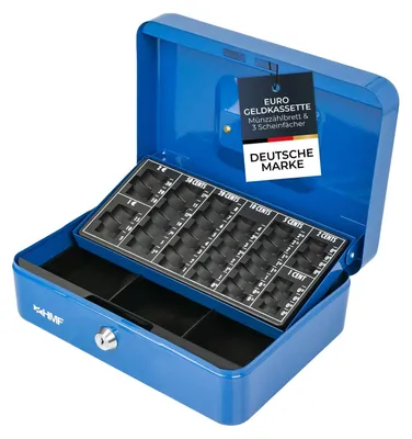 Geldkassette mit einem Euro-Münzzählbrett von HMF mit 25 cm Breite in Blau
