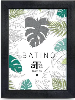 A black picture frame with a tropical leaf pattern inside.