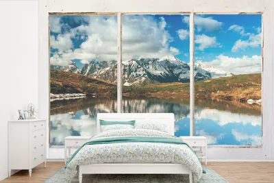 Produktbild von MuchoWow® Fototapete für Wohnzimmer oder Schlafzimmer Wandtapete Vinyl Motivtapete Aussicht - Berge - Wasser - 450x300 cm - Gemusterte