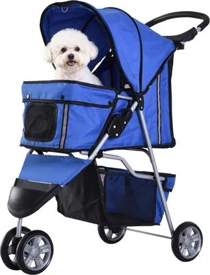 Image de Chariot pour animaux - Poussette pour petits chiens - Panier de rangement - Fenêtre en filet - Deux roues pivotantes - Dimensions 75 × 45 × 97 cm - Bleu