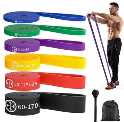 Productafbeelding van Fitnessbanden, weerstandsbanden, set van 6, weerstandsbanden met deuranker, draagtas. Weerstandsbanden voor pilates
