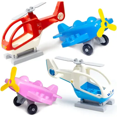 Productafbeelding van 2 helikopters + 2 gevechtsvliegtuigen, bouwstenen set. Grote stenen, vliegtuigmodel