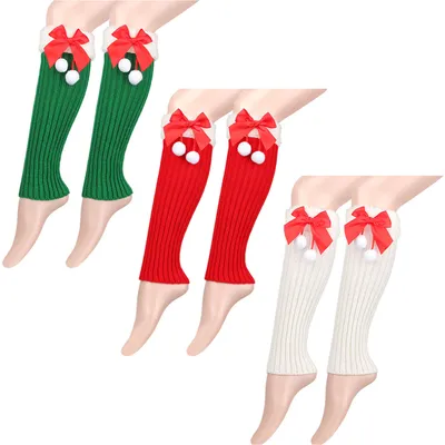 Produktbild von 3 Paar Damen Winter Warme Stricken Stulpen mit Plüschkugel Bogen Beinwärmer für Weihnachten, Farbe: Rot+Weiß+Grün