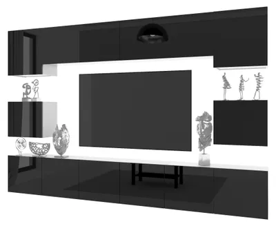 Produktbild von BELINI Wohnwand MILANO 3 Wohnzimmer 300 cm - Schwarz Hochglanz, Moderne Schrankwand Set, Anbauwand TV-Schrank Griffloses System