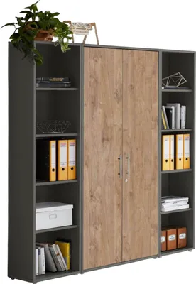 Produktbild von Aktenschrank TABOR 3 in anthrazit / Gold Harbor Oak, Schrankwand, Büroschrank, abschließbar, Metallgriffe