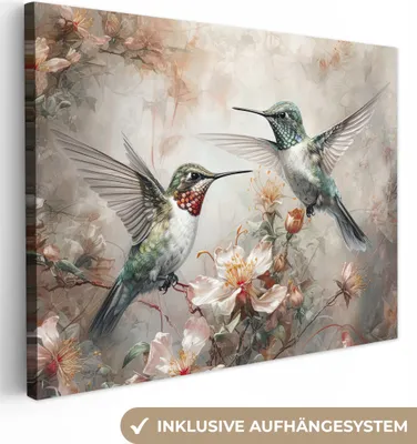 Produktbild von MuchoWow® - Leinwandbilder - Kolibri - Vögel - Blumen - Pflanzen, Wandbild, Wanddeko Bilder Wohnzimmer, 120x90cm