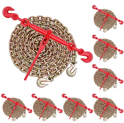 Image de Tendeurs à cliquet SucceBuy avec chaînes d'arrimage G80 10 mm x 3 m, lot de 8, force de tension 4173 kg, attaches à chaîne avec 2 crochets, fixations pour chaînes de transport, adaptés à la sécurisation du chargement et aux remorques à plateau