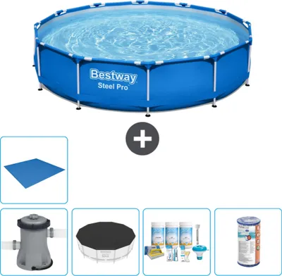 Produktbild von Bestway Round Steel Pro Swimmingpool – 366 x 76 cm – Blau – inklusive Pumpe Abdeckung - Wartungspaket - Filter - Bodenplane