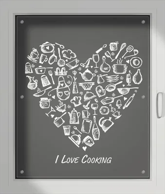 Produktbild von Wallario Lichtschutzbild, Dekorativer Sichtschutz Sonnenschutz 76 x 93 cm mit Motiv: I Love Cooking - Herz aus Küchenutensilien in schwarz weiß - Verdunklung ohne Bohren