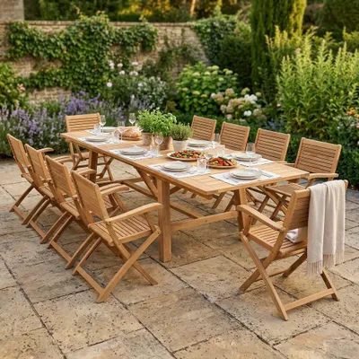 Immagine prodotto di Milani Home - Set tavolo e sedie da giardino per esterno in legno resistente di teak cm.220/300x100x77 h con 10 sedute - Marrone