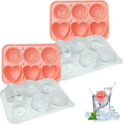 Productafbeelding van 2 siliconen ijsblokjesvormen met deksel, hartvormig, perfect voor whisky, bier, cocktails en drankjes. Ijsbolvorm, lekvrij en veelzijdig ijsblokjesreservoir, roze