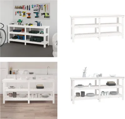 Zdjęcie produktu dla vidaXL Stół warsztatowy biały 181x50x80 cm lite drewno sosnowe - Stół warsztatowy - Stoły warsztatowe - Stół do przechowywania - Stół roboczy