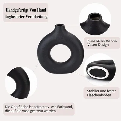 Produktbild von Famanu Set von 2 schwarzen keramischen Donut-Vasen - moderne Wohnraumdekoration - matte runde Vasen für Pampasgras - neutral - Boho - skandinavisches