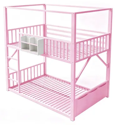 Immagine prodotto di Letto a castello in metallo con design a tettoia - Letto a casetta per bambini - 90 x 200 cm - Spazio contenitivo - Scala sicura - Protezione anticaduta - Rosa