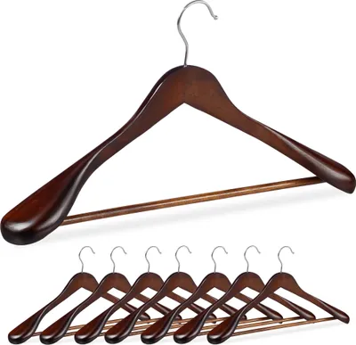 Image de Cintres pour costumes Relaxdays, lot de 8, épaules larges, barre pour pantalons, pour vestes, chemises et pantalons, cintres en bois, marron