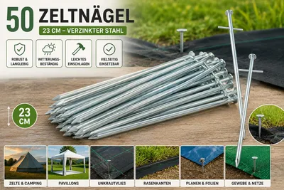 50 verzinkte Zeltnägel 23 cm aus Stahl zur sicheren Befestigung von Zelten, Planen, Rasenkanten, KI-generiertes Bild