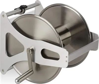 Produktbild von Relaxdays Schlauchtrommel Metall, Schlauchaufroller leer, Edelstahl & Aluminium, Boden & Wand, 30,5x45x36,5 cm, silber