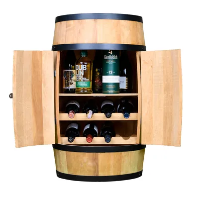 Immagine prodotto di CREATIVE COOPER tavolo bar con porta, portabottiglie e ripiano - mobile portabottiglie - botte in legno - mobile bar - portabottiglie in legno - wine bar - bar bar con porta - bar bar 80cm in rovere