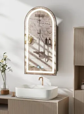 Obrázok produktu pre Zrkadlo s LED osvetlením – 40 x 79 cm, kúpeľňová skrinka so zrkadlom, s funkciou proti zamlievaniu, nastaviteľnými poličkami, lekárenská skrinka do kúpeľne s dotykovým senzorom (čierna)