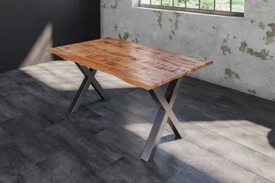 Produktbild von Baumkantentisch Esstisch Mangoholz massiv X-Gestell silber 120 x 80 cm DORA