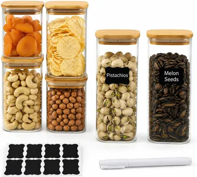 Obrázok produktu pre Sada nádob na skladovanie potravín, pozostávajúca z:
* 2 sklenené nádoby s vekom, vzduchotesné, objem 500 ml
* 2 sklenené nádoby s vekom, vzduchotesné, objem 750 ml
* 2 kusy, 900 ml
* Štvorcové nádoby na skladovanie potravín, sklo
