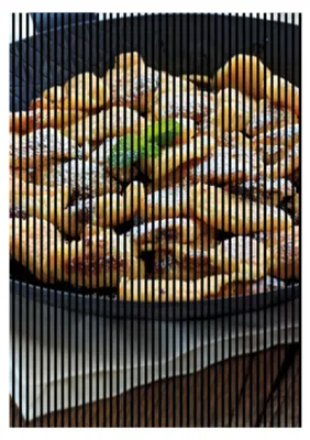 Produktbild von Akustikpaneele mit Digitaldruck Schmarren01 19 x 1693 x 2400 mm Kaiserschmarn Teller MDF PET-Fasern Wandpaneele Grün Gelb Schwarz Weiß 3 Einzelplatten
