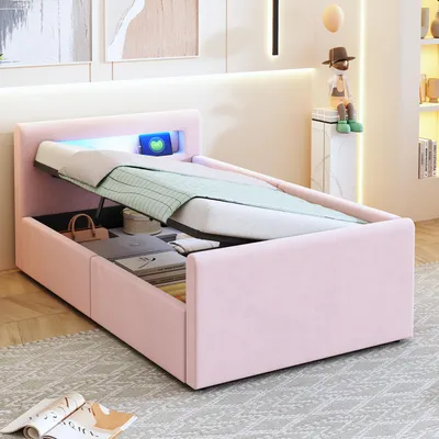 Productafbeelding van Sweiko gestoffeerd kinderbed, 90x200 cm, met LED-verlichting, nachtlampje en USB-oplaadpoort, met plank, met hydraulische opbergruimte, eenvoudig eenpersoonsbed, geschikt voor jongens en meisjes, fluweelstof, roze