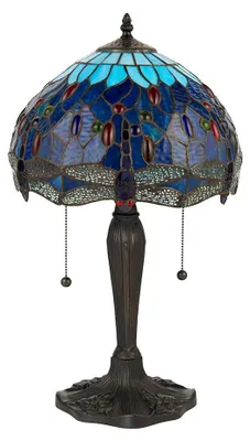 Obrázek produktu pro Stolní lampa DRAGONFLY BLUE s motivem vážek, vícebarevná, černá, 2xE27x20W, sklo, rozměry: 55,5x30x30 cm, IP20, Tiffany