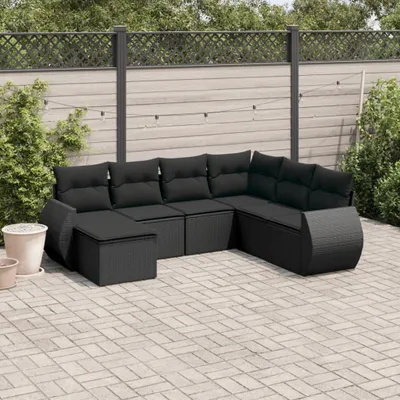 Produktbild von Design 7-tlg. Garten-Sofagarnitur mit Kissen Schwarz Poly Rattan, Gartensofas 2024 Neu