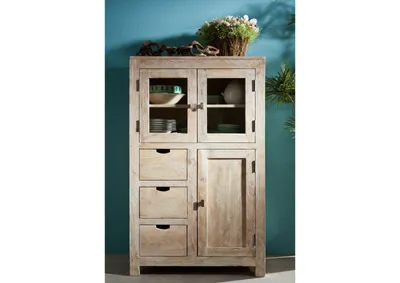 Produktbild von MASSIVMOEBEL24 Vitrine Akazie 90x45x148 white stone getüncht  NATURE WHITE #62