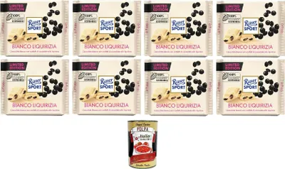 Produktbild von Bianco Liquirizia Limited Edition, Limitierte Ausgabe, Weiße Schokolade mit Lakritze-Stückchen, 8x 100 g+ Italian Gourmet polpa 400g
