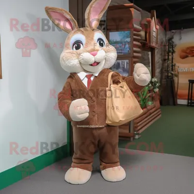 Produktbild von Brauner REDBROKOLY Hase Maskottchen Kostüm charakter bekleidet mit einem Hemd und Tragetaschen