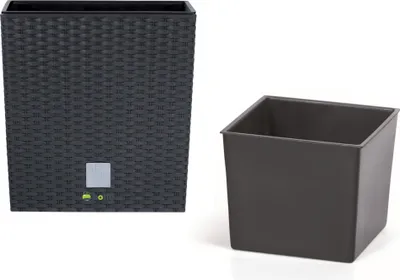 A dark gray planter with a woven texture and a separate dark gray inner pot are shown against a white background.