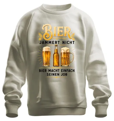 Productafbeelding van Bier klaagt niet, bier doet gewoon zijn werk. Trui met opdruk: "Bier", "Saufen" (drinken). Materiaal: katoen