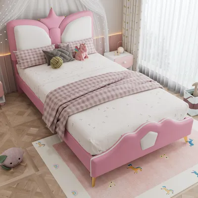 A child's bed in a bedroom setting.