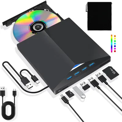 Produktbild von Externe USB-C 8-in-1 Station – CD/DVD Brenner, Kartenleser, Hub, Plug & Play