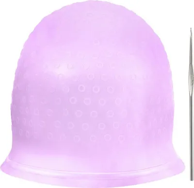 A purple highlighting cap and a silver crochet hook are displayed on a white background.