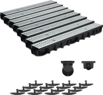 Produktbild von 8m Entwässerungsrinne Terrassenrinne Stahlrost verzinkt komplett SET, System A15 98mm