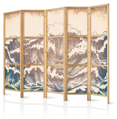 Immagine prodotto di Pannello divisorio giapponese, 5 ante, pieghevole, realizzato in tessuto non tessuto di alta qualità, motivo a onde vintage, ideale per la camera da letto, dimensioni 225 cm x 172 cm
