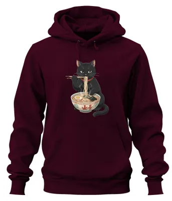 Immagine prodotto di Felpa con cappuccio, design "Ramen Katze" (gatto ramen), con scritta "Schwarze Mieze" (micina nera), immagine di una zuppa di noodles, stile anime/manga, per appassionati di otaku, colore bordeaux, taglia 3XL