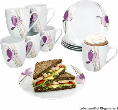 Produktbild von Viola 12tlg Frühstücksset Porzellan Blumen Kuchenteller Kaffeebecher