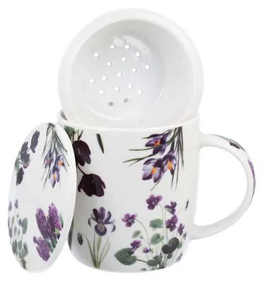 Produktbild von DUO Spring in bloom Becher 400 ml PURPLE FLOWERS mit Teesieb und Deckel, New Bone China Porzellan